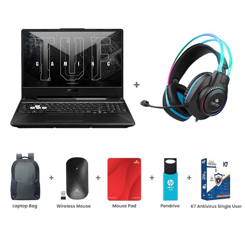 Picture of ASUS TUF Gaming A15 - AMD Ryzen 7 7435HS 15.6" (39.62cm) FA506NCR-HN275WS Gaming Laptop (16GB/ 512GB/ Full HD Display/ Windows 11 Home/ 4GB GDDR6 NVIDIA GeForce RTX 3050/ Office Home 2024/ 1Year Warranty/ Graphite Black/ 2.30 Kg) Zebronics Zeb-Jet Premium Gaming Headphone + Laptop Bag + Wireless Mouse + Mouse Pad + Pendrive + K7 Antivirus Single User
